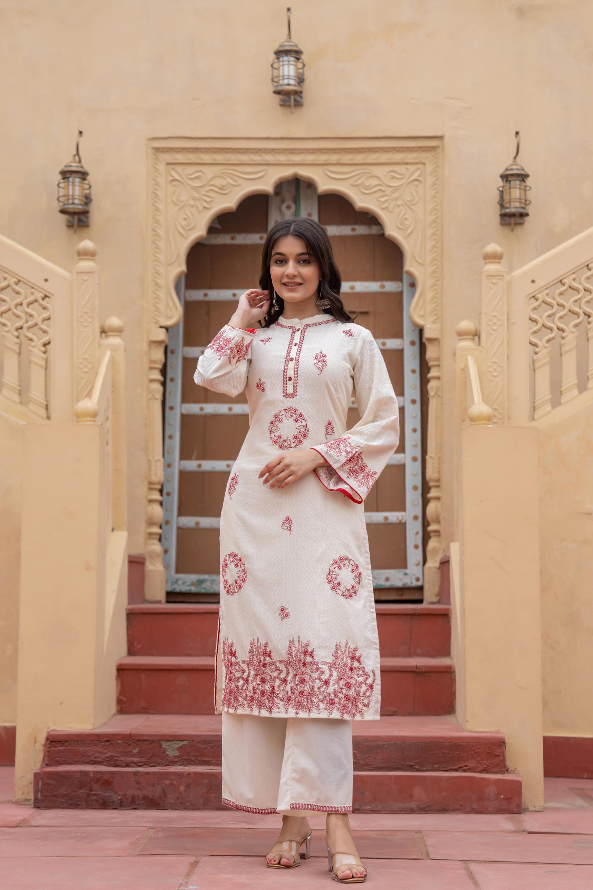 Juniper Off White & Red Embroidered Straight Kurta Set With Contrast Detailing | Grocsy