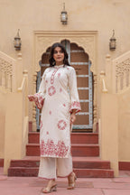 Juniper Off White & Red Embroidered Straight Kurta Set with Contrast Detailing | Grocsy