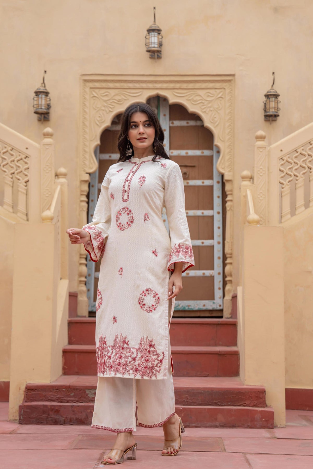 Juniper Off White & Red Embroidered Straight Kurta Set with Contrast Detailing | Grocsy