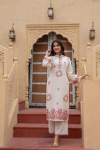 Juniper Off White & Red Embroidered Straight Kurta Set with Contrast Detailing | Grocsy