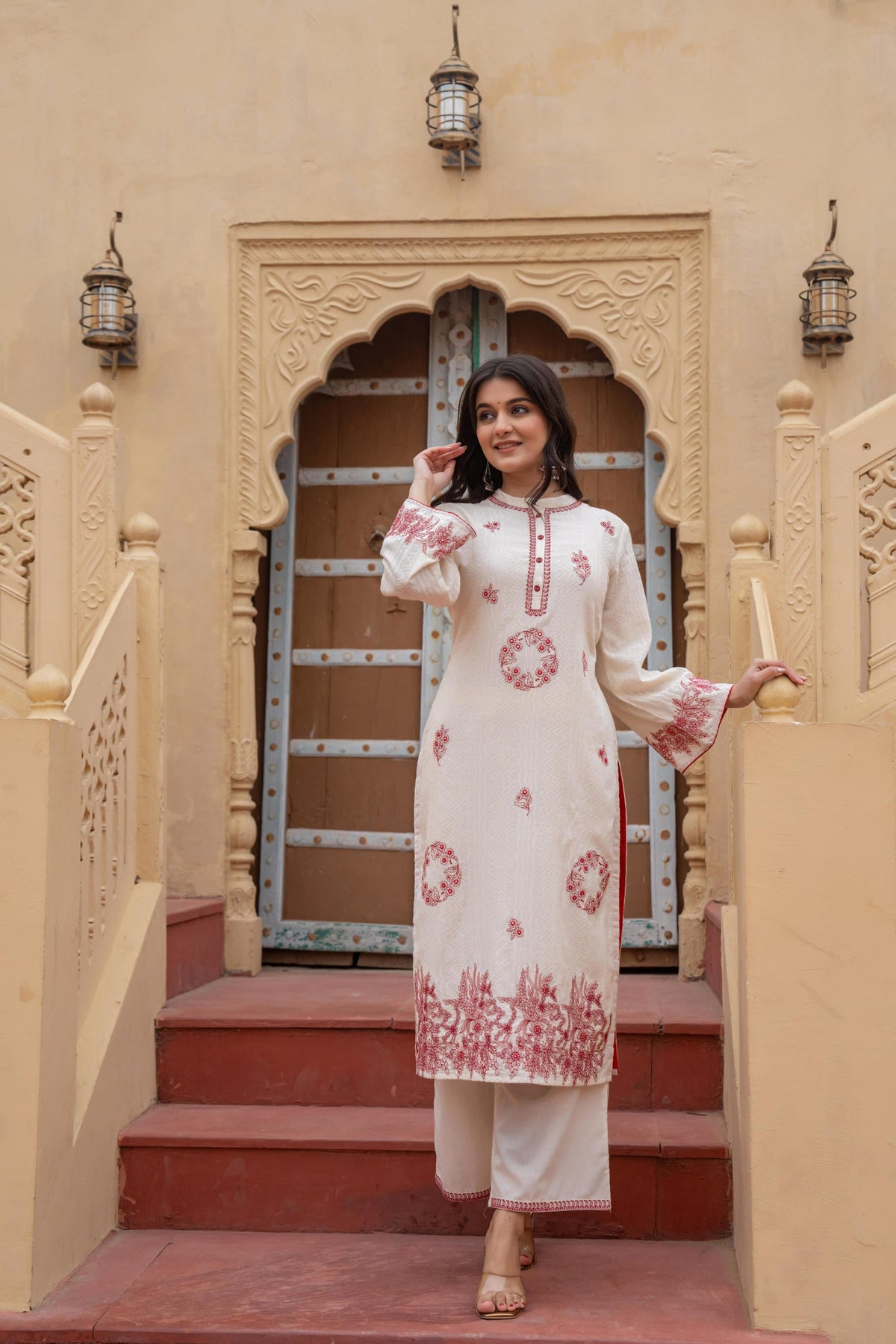 Juniper Off White & Red Embroidered Straight Kurta Set with Contrast Detailing | Grocsy