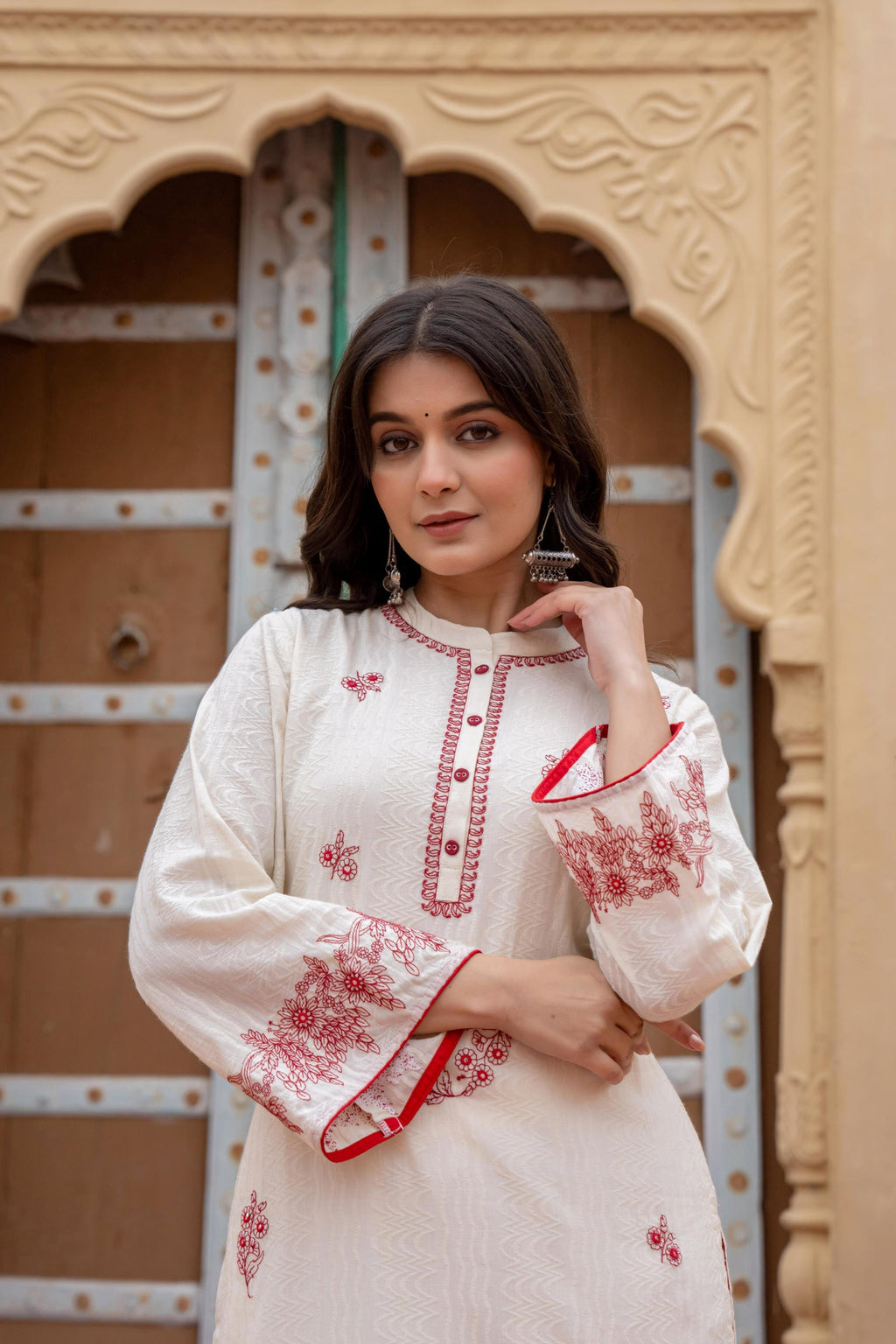 Juniper Off White & Red Embroidered Straight Kurta Set with Contrast Detailing | Grocsy