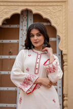 Juniper Off White & Red Embroidered Straight Kurta Set with Contrast Detailing | Grocsy
