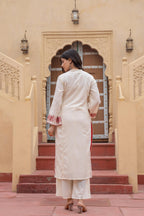 Juniper Off White & Red Embroidered Straight Kurta Set with Contrast Detailing | Grocsy