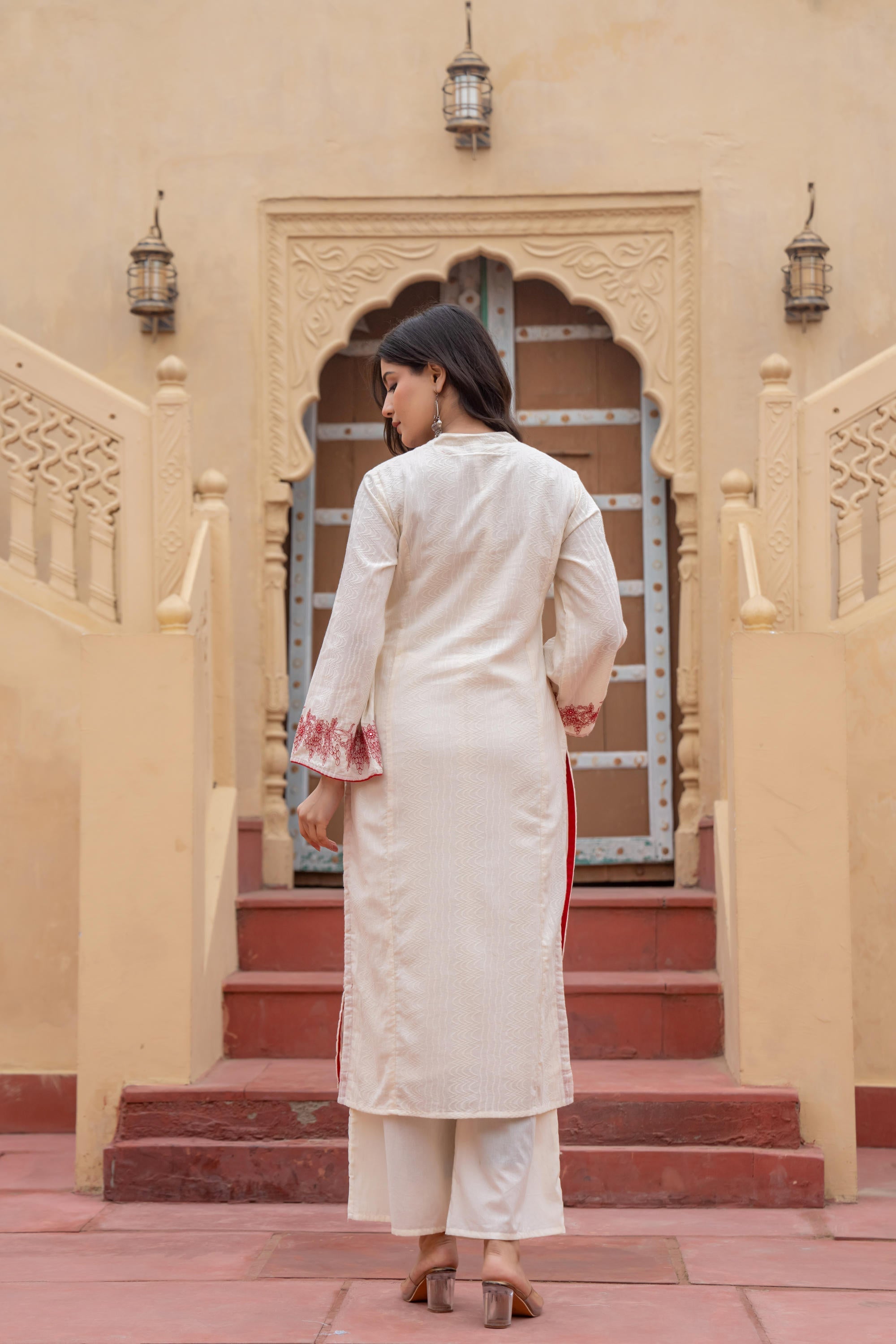 Juniper Off White & Red Embroidered Straight Kurta Set with Contrast Detailing | Grocsy