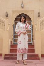 Juniper Off White & Red Embroidered Straight Kurta Set with Contrast Detailing | Grocsy