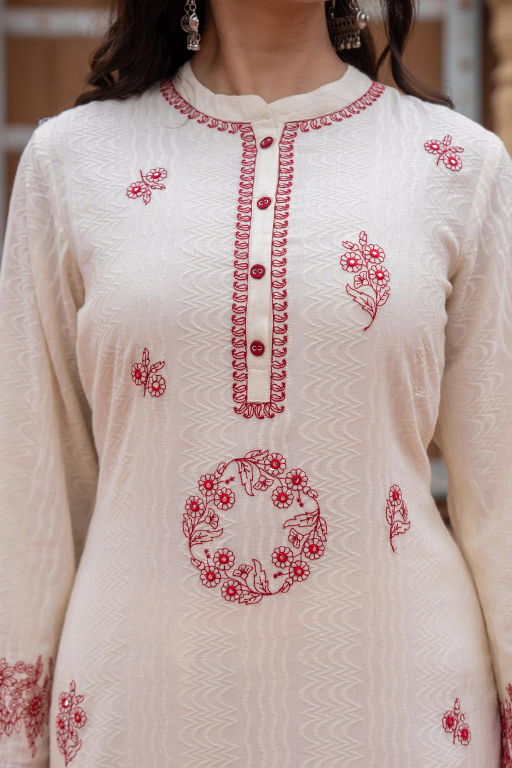 Juniper Off White & Red Embroidered Straight Kurta Set with Contrast Detailing | Grocsy