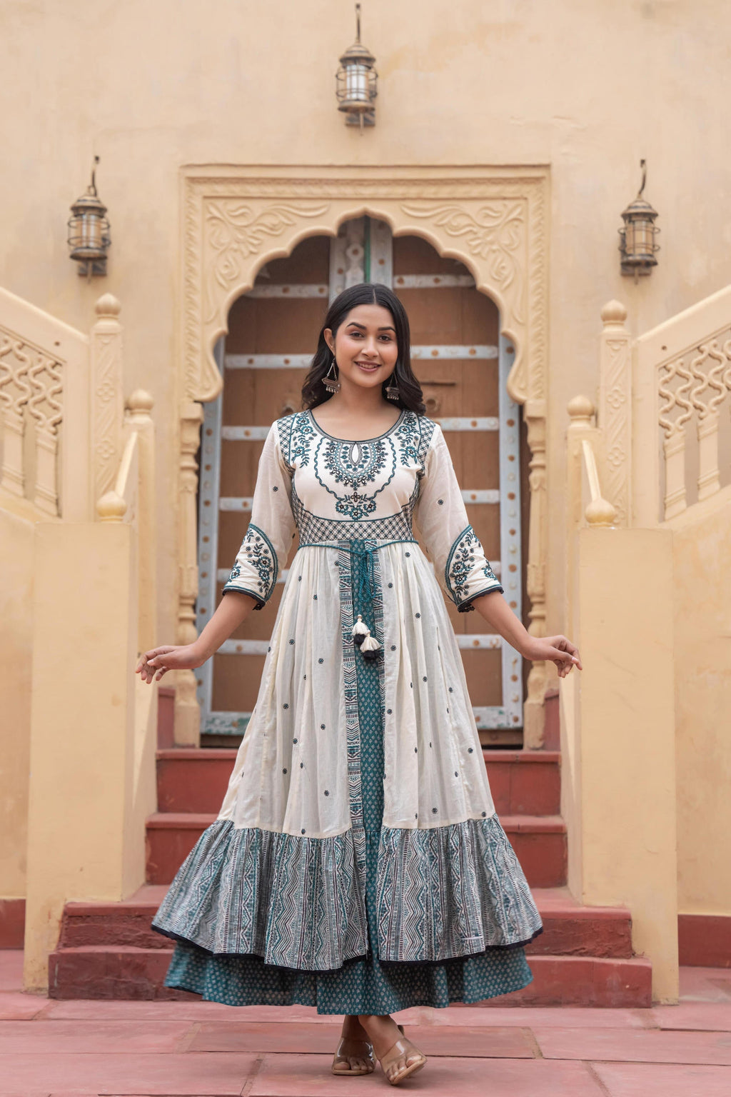 Juniper Off White & Teal Green Embroidered Tiered Ethnic Dress with Inner Layer | Grocsy