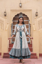 Juniper Off White & Teal Green Embroidered Tiered Ethnic Dress with Inner Layer | Grocsy