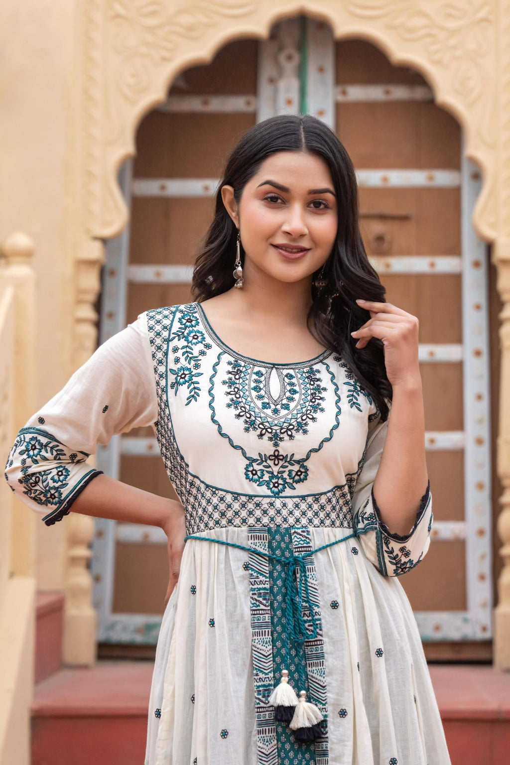 Juniper Off White & Teal Green Embroidered Tiered Ethnic Dress with Inner Layer | Grocsy