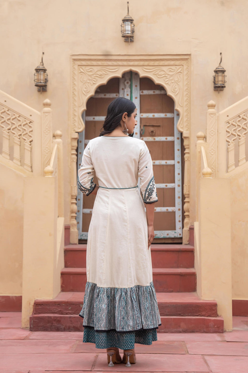 Juniper Off White & Teal Green Embroidered Tiered Ethnic Dress with Inner Layer | Grocsy