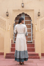 Juniper Off White & Teal Green Embroidered Tiered Ethnic Dress with Inner Layer | Grocsy