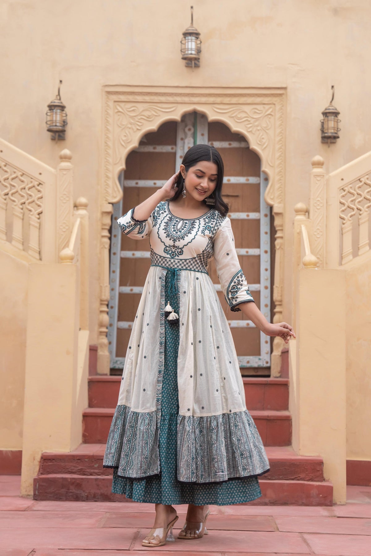 Juniper Off White & Teal Green Embroidered Tiered Ethnic Dress with Inner Layer | Grocsy