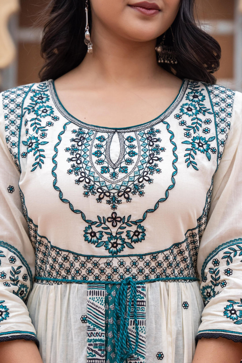 Juniper Off White & Teal Green Embroidered Tiered Ethnic Dress with Inner Layer | Grocsy