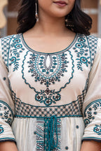 Juniper Off White & Teal Green Embroidered Tiered Ethnic Dress with Inner Layer | Grocsy
