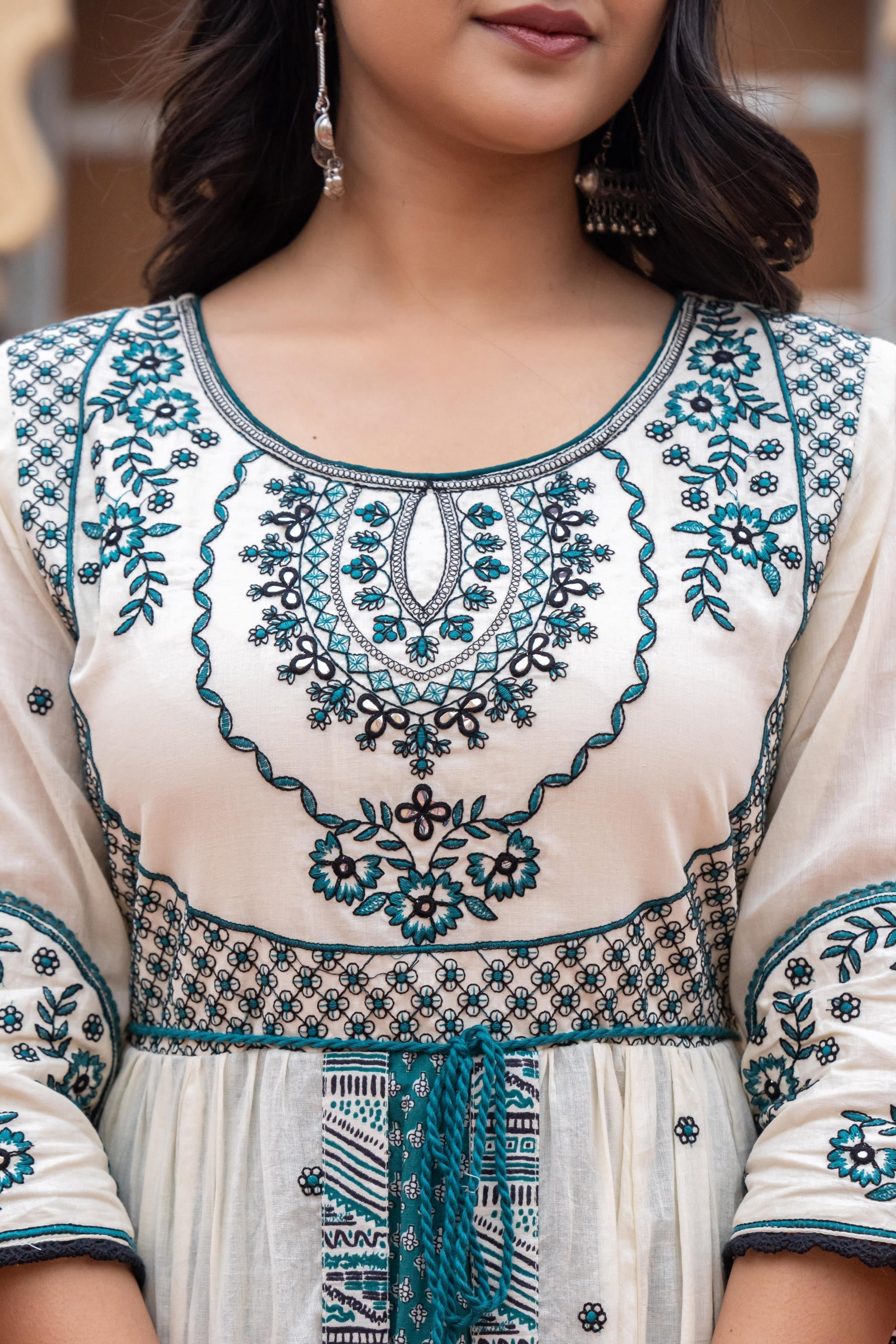 Juniper Off White & Teal Green Embroidered Tiered Ethnic Dress with Inner Layer | Grocsy