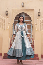 Juniper Off White & Teal Green Embroidered Tiered Ethnic Dress with Inner Layer | Grocsy