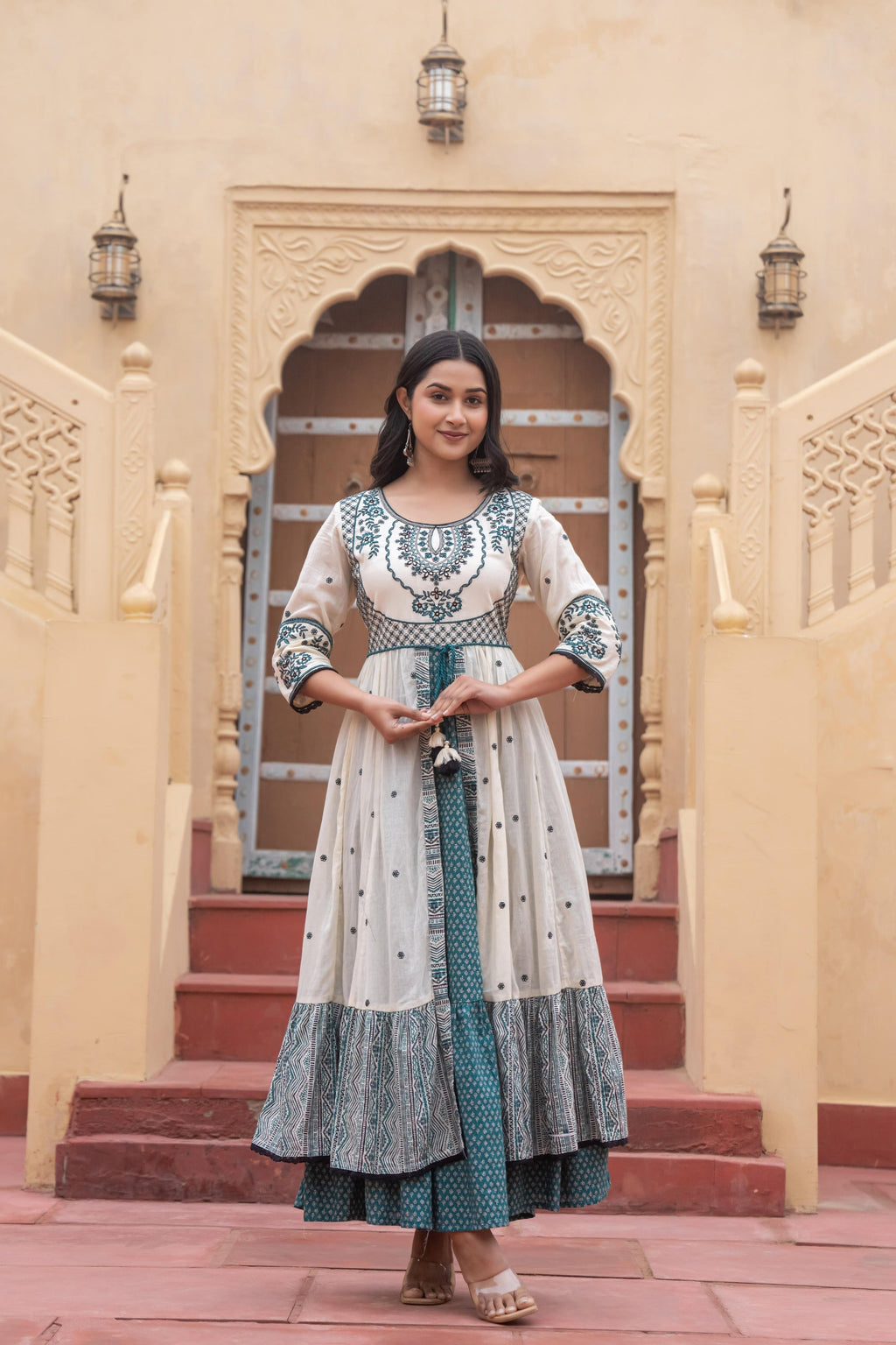 Juniper Off White & Teal Green Embroidered Tiered Ethnic Dress with Inner Layer | Grocsy