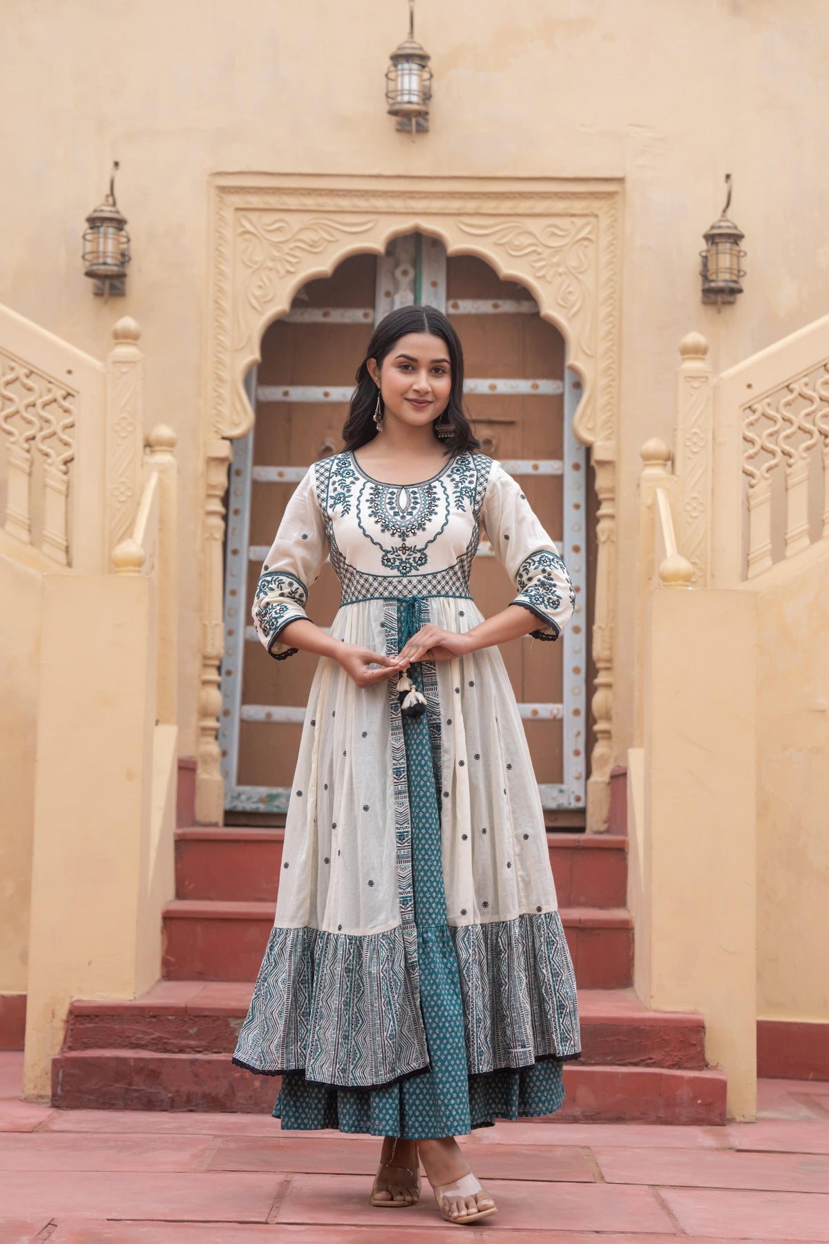 Juniper Off White & Teal Green Embroidered Tiered Ethnic Dress with Inner Layer | Grocsy