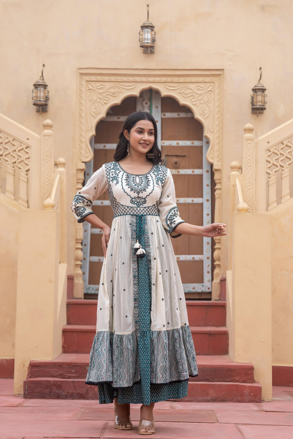 Juniper Off White & Teal Green Embroidered Tiered Ethnic Dress with Inner Layer | Grocsy