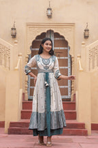 Juniper Off White & Teal Green Embroidered Tiered Ethnic Dress with Inner Layer | Grocsy