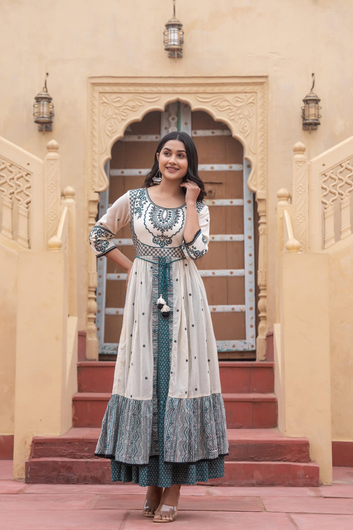 Juniper Off White & Teal Green Embroidered Tiered Ethnic Dress with Inner Layer | Grocsy