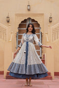 Juniper Off White & Indigo Embroidered Tiered Ethnic Dress with Inner Layer | Grocsy