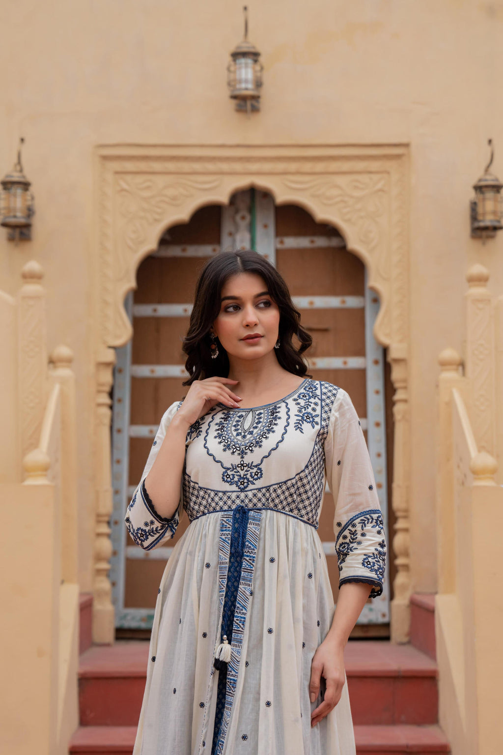 Juniper Off White & Indigo Embroidered Tiered Ethnic Dress with Inner Layer | Grocsy