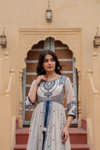 Juniper Off White & Indigo Embroidered Tiered Ethnic Dress with Inner Layer | Grocsy