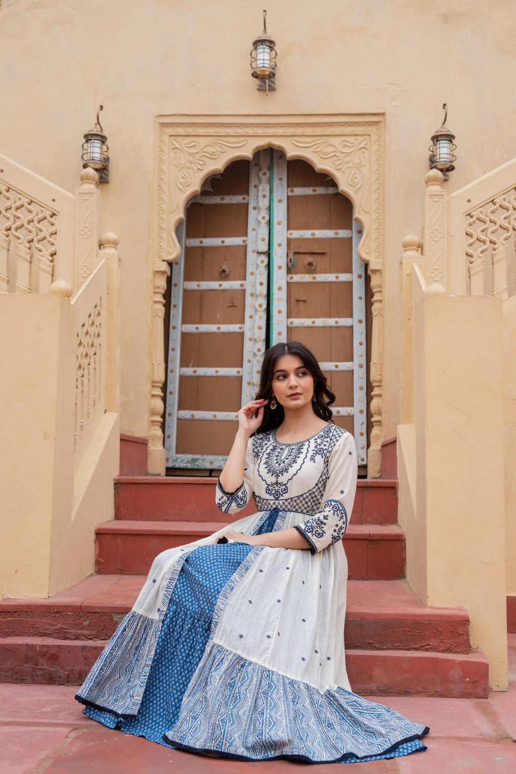 Juniper Off White & Indigo Embroidered Tiered Ethnic Dress with Inner Layer | Grocsy