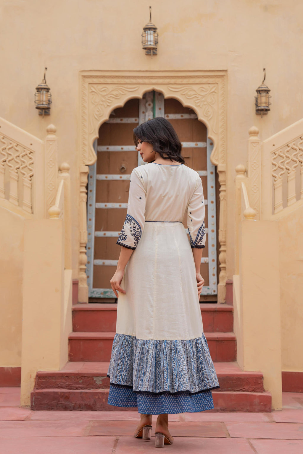 Juniper Off White & Indigo Embroidered Tiered Ethnic Dress with Inner Layer | Grocsy