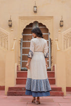 Juniper Off White & Indigo Embroidered Tiered Ethnic Dress with Inner Layer | Grocsy