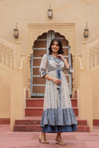 Juniper Off White & Indigo Embroidered Tiered Ethnic Dress with Inner Layer | Grocsy