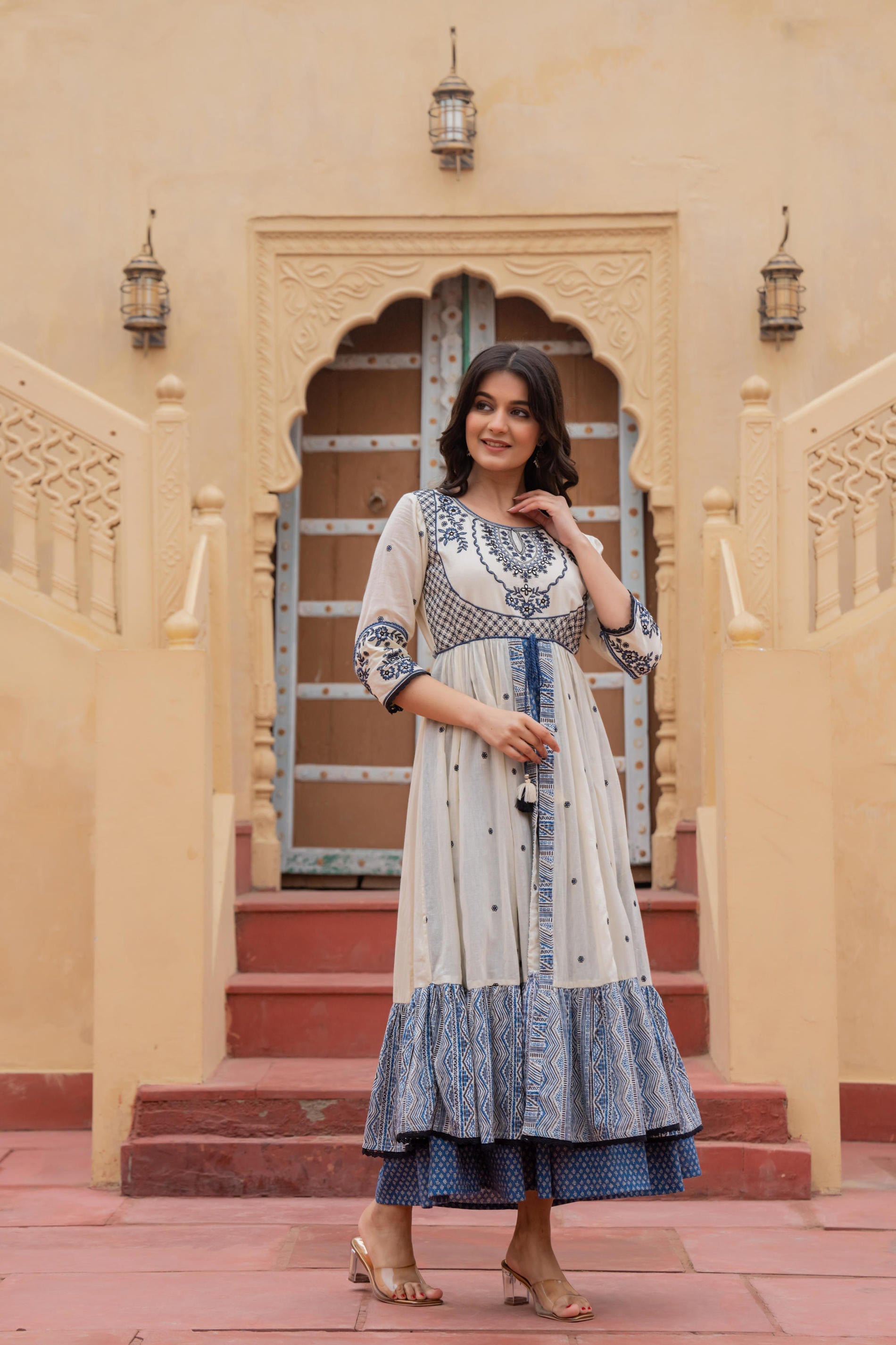 Juniper Off White & Indigo Embroidered Tiered Ethnic Dress with Inner Layer | Grocsy