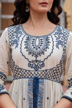 Juniper Off White & Indigo Embroidered Tiered Ethnic Dress with Inner Layer | Grocsy