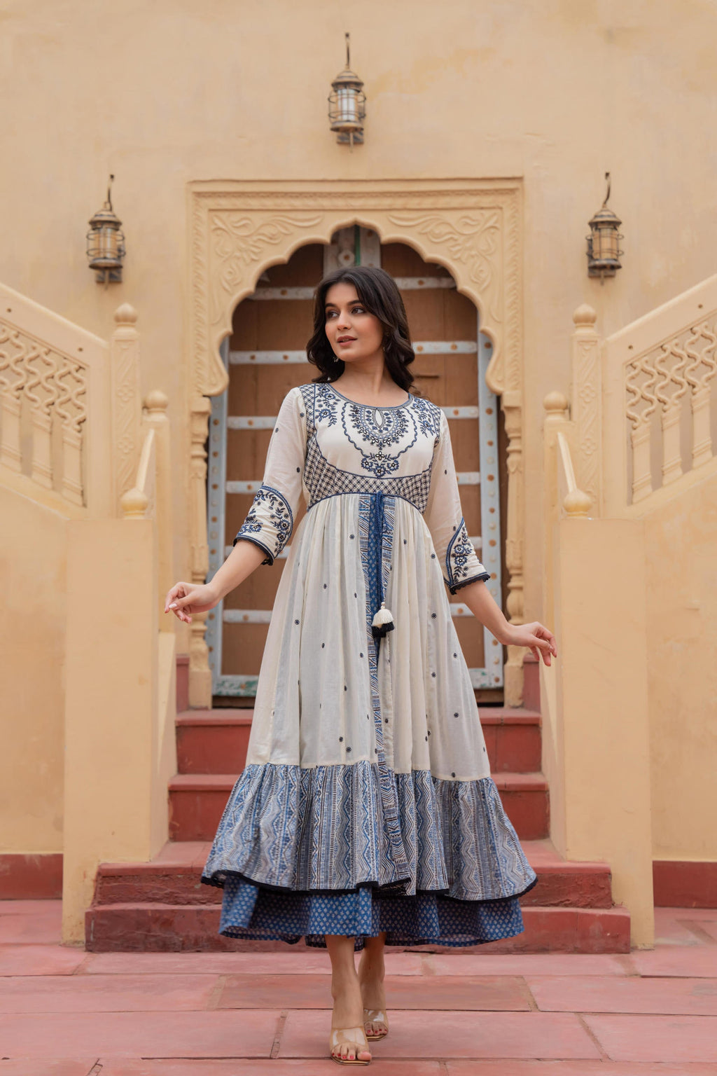 Juniper Off White & Indigo Embroidered Tiered Ethnic Dress with Inner Layer | Grocsy