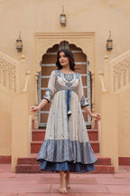 Juniper Off White & Indigo Embroidered Tiered Ethnic Dress with Inner Layer | Grocsy