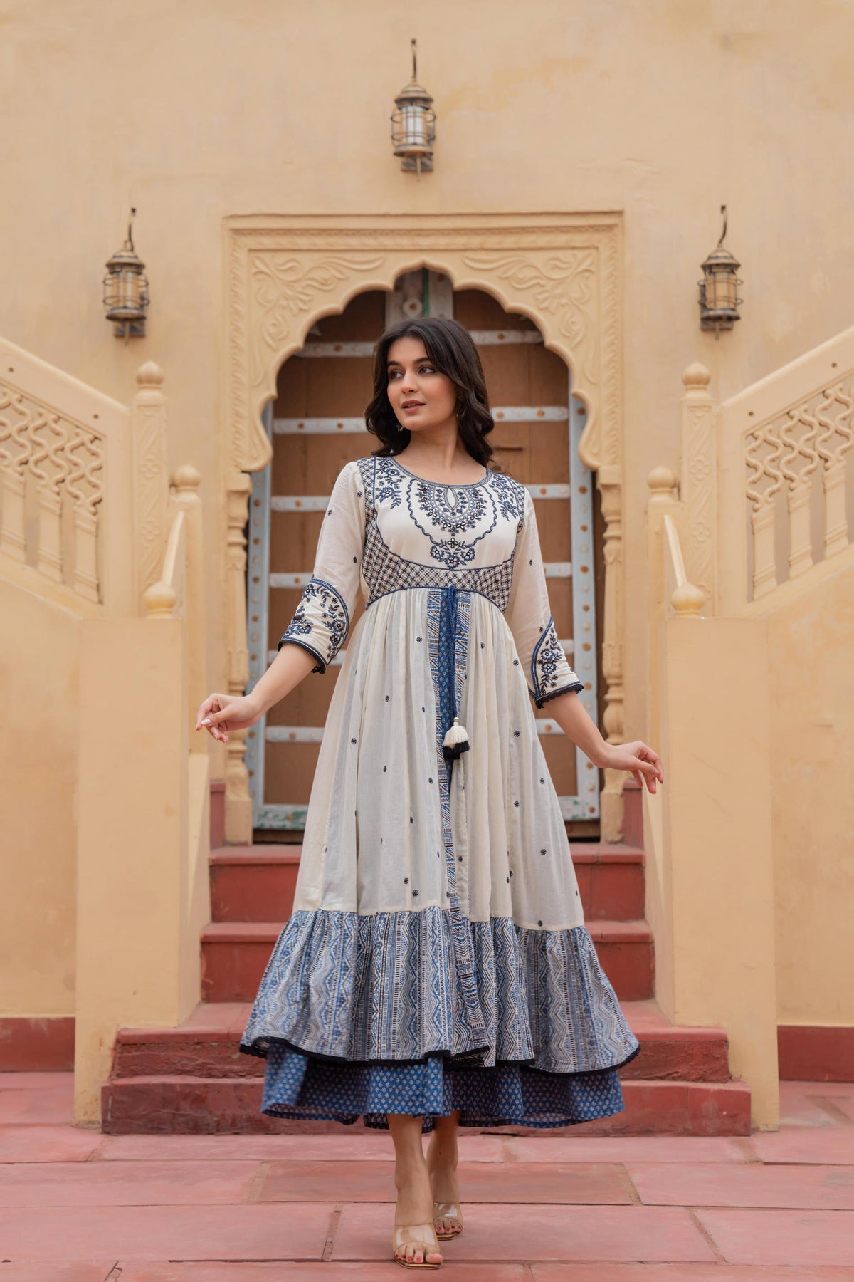 Juniper Off White & Indigo Embroidered Tiered Ethnic Dress with Inner Layer | Grocsy