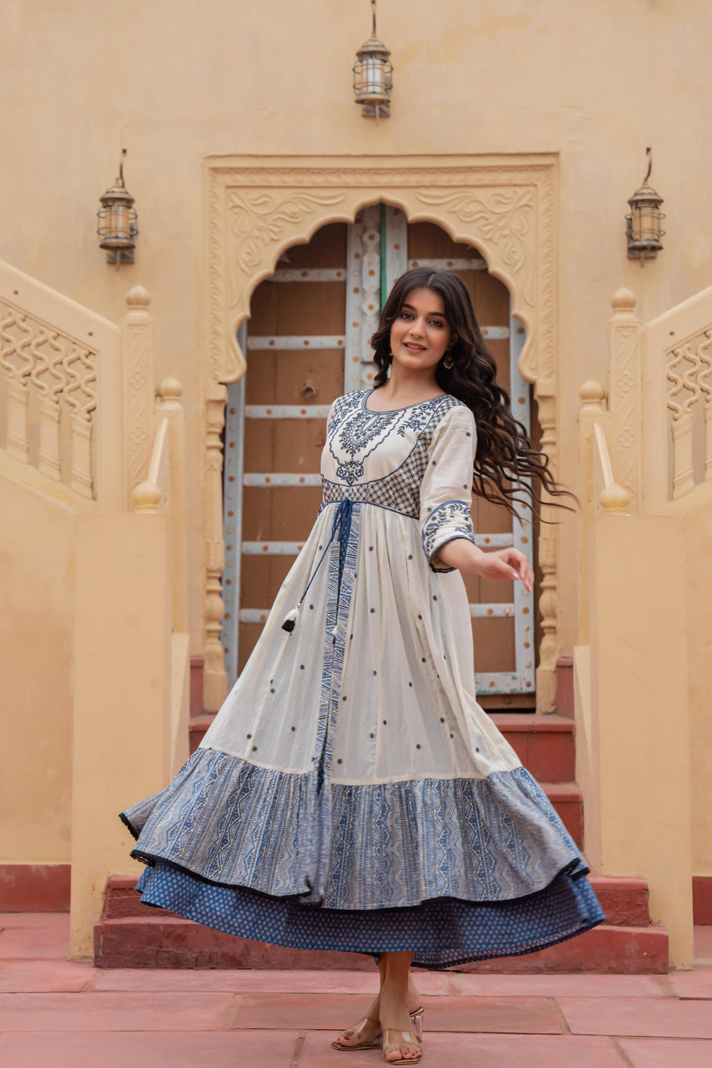 Juniper Off White & Indigo Embroidered Tiered Ethnic Dress with Inner Layer | Grocsy