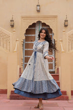 Juniper Off White & Indigo Embroidered Tiered Ethnic Dress with Inner Layer | Grocsy