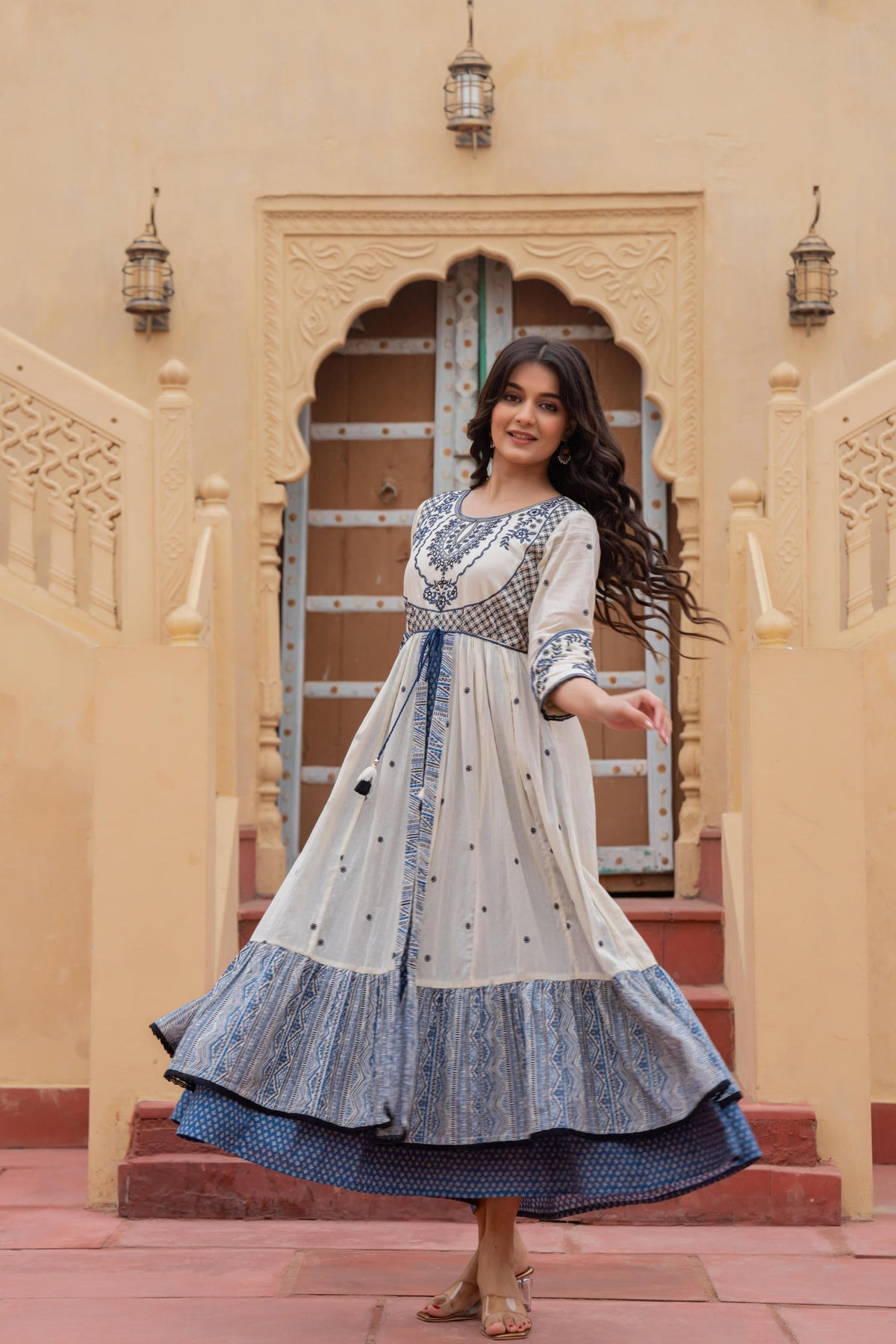 Juniper Off White & Indigo Embroidered Tiered Ethnic Dress with Inner Layer | Grocsy