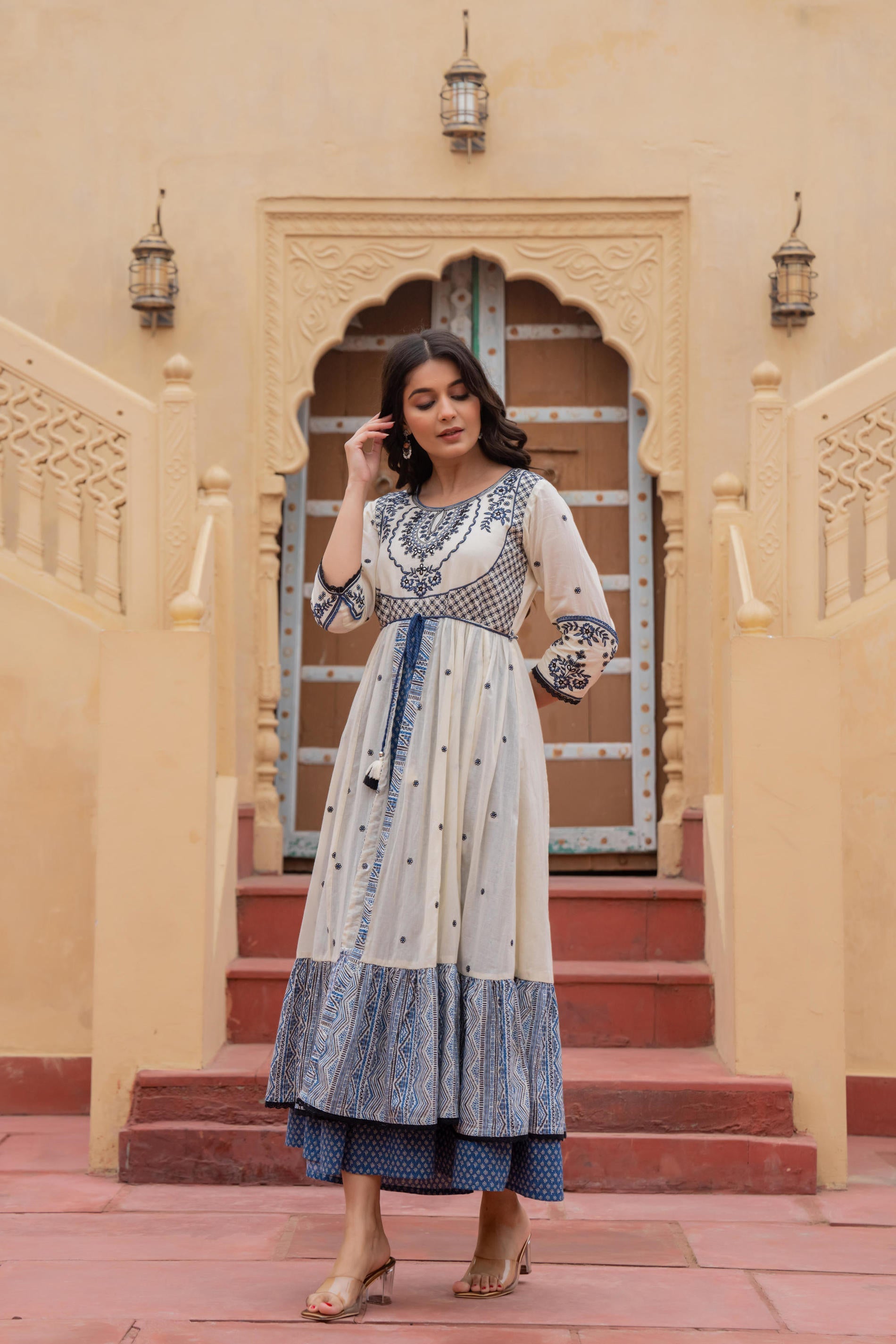 Juniper Off White & Indigo Embroidered Tiered Ethnic Dress with Inner Layer | Grocsy