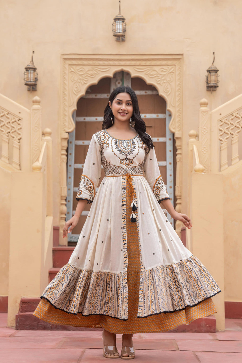 Juniper Off White & Mustard Embroidered Tiered Ethnic Dress with Inner Layer | Grocsy