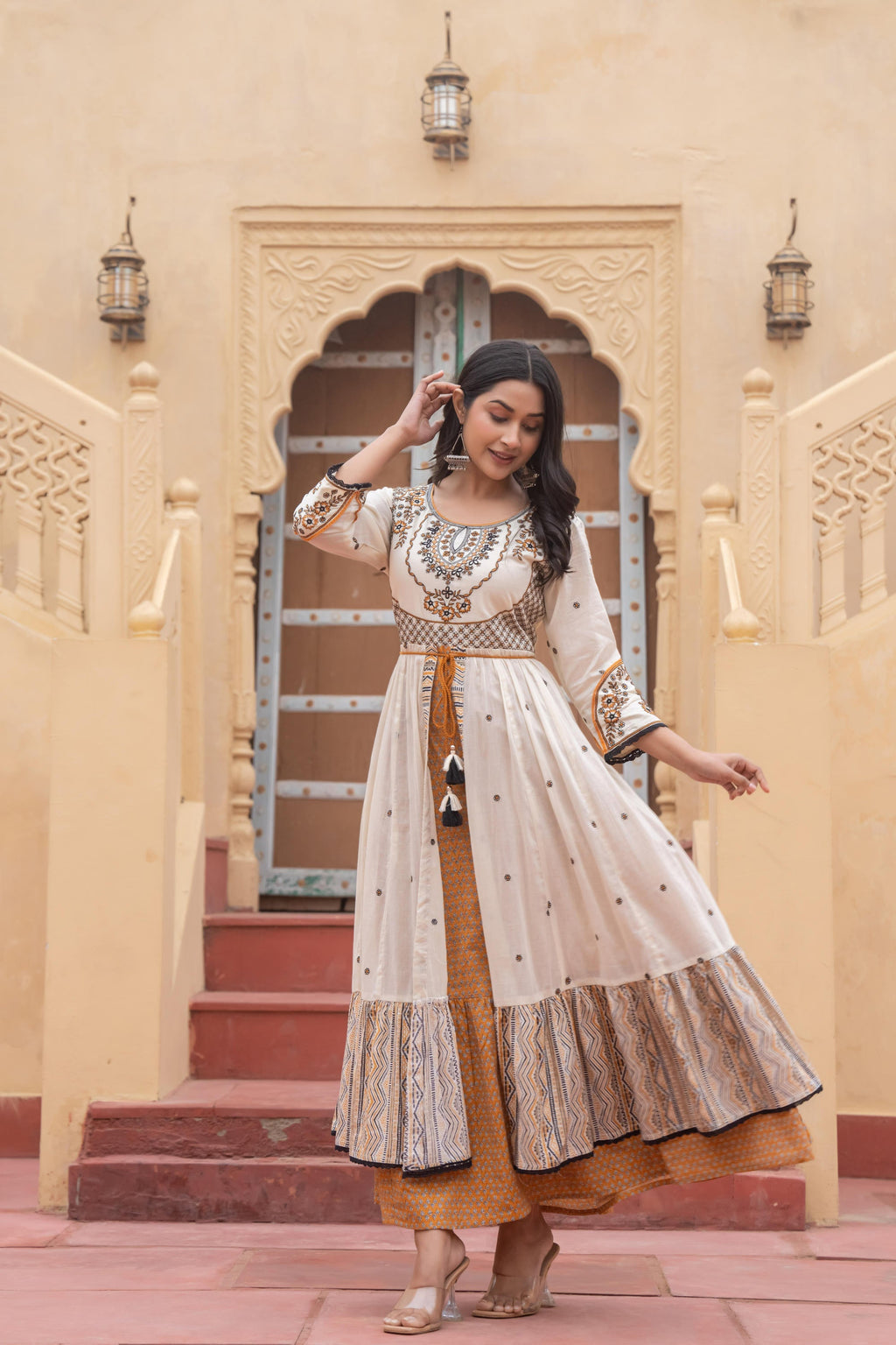Juniper Off White & Mustard Embroidered Tiered Ethnic Dress with Inner Layer | Grocsy