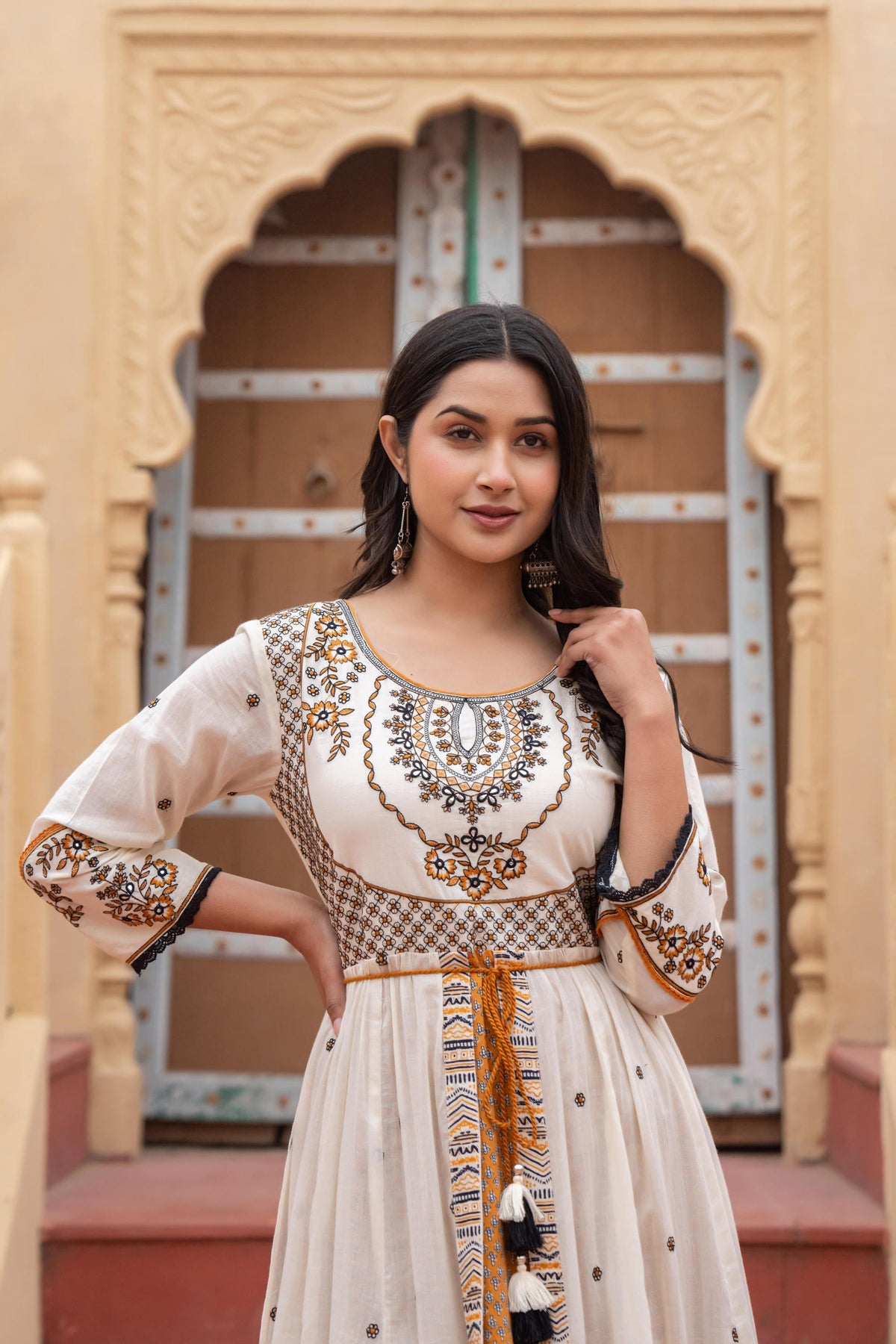 Juniper Off White & Mustard Embroidered Tiered Ethnic Dress with Inner Layer | Grocsy