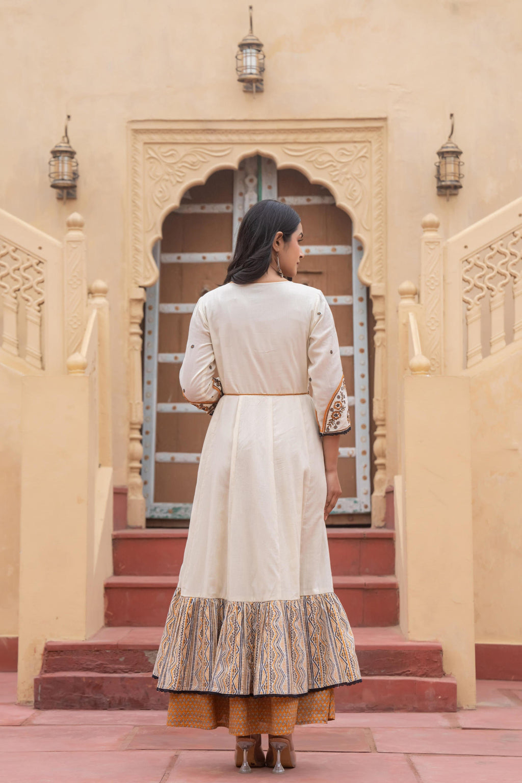 Juniper Off White & Mustard Embroidered Tiered Ethnic Dress with Inner Layer | Grocsy