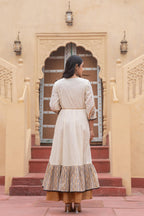 Juniper Off White & Mustard Embroidered Tiered Ethnic Dress with Inner Layer | Grocsy