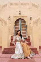 Juniper Off White & Mustard Embroidered Tiered Ethnic Dress with Inner Layer | Grocsy