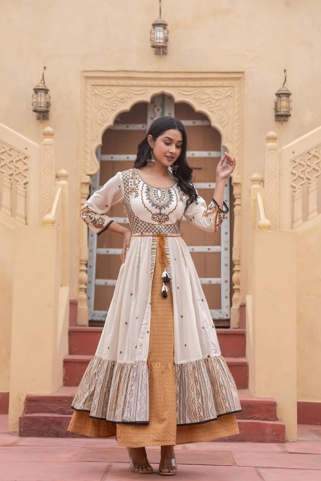 Juniper Off White & Mustard Embroidered Tiered Ethnic Dress with Inner Layer | Grocsy