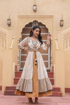 Juniper Off White & Mustard Embroidered Tiered Ethnic Dress with Inner Layer | Grocsy